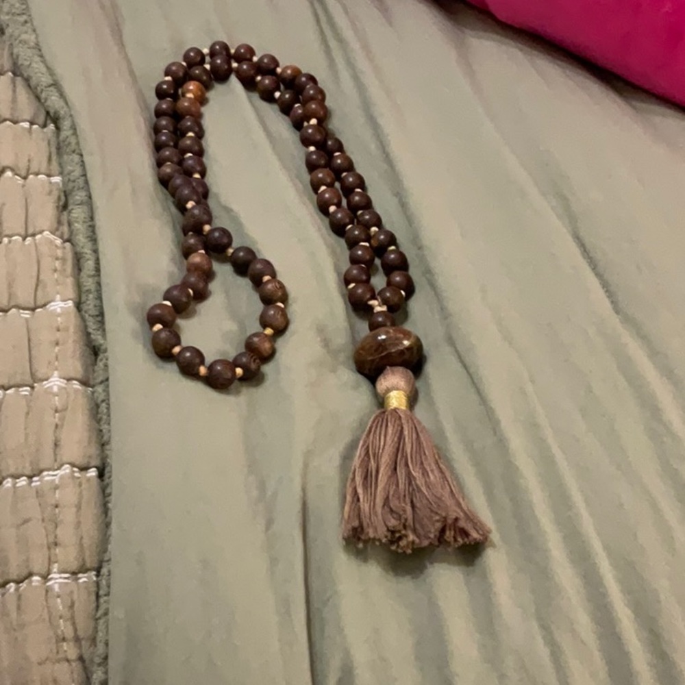 Brown Wooden Bead Tassel Necklace